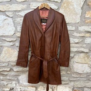 Vintage David James Brown Brick Leather Belted Coat